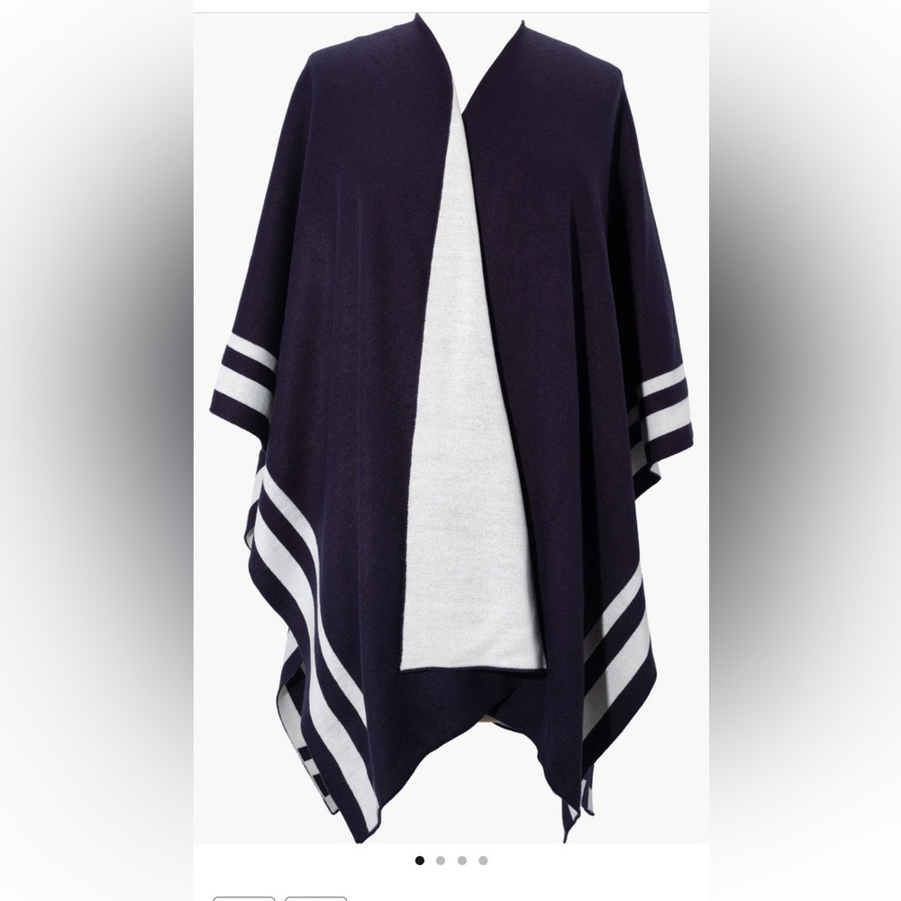 Lauren Ralph Lauren Navy Cream Stripe Reversible Poncho Cape Wrap One Size - Picture 2 of 8